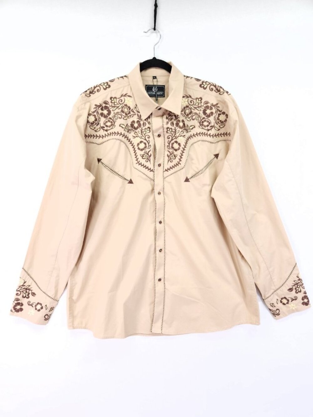 Salvaje Oeste Western Cowboy Pearl Snap Shirt XL Beige & Brown Embroidered Rodeo